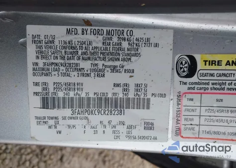 2012 Ford Fusion Sport из США, поврежденный, VIN 3FAHP0KC9CR282381